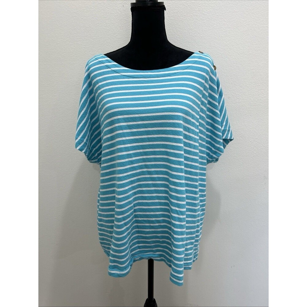 J Jill Womens Plus Size 3X Top Pullover Short Sleeve Boat Neck Blue White Strip